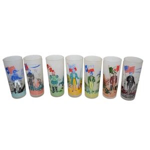 Vtg  Texas Under Flags Glass Frosted Tumblers C.E. Knox Oil Co. 1950's 7pc